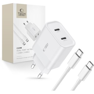 TECH-PROTECT C20W 2-PORT NETWORK CHARGER PD 20W + TYPE-C CABLE WHITE