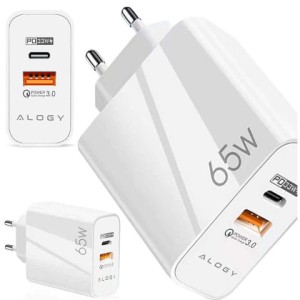 Ładowarka sieciowa USB-A + USB-C - szybkie ładowanie QC 3.0 i PD 33W 65W, kompaktowa, uniwersalna do telefonu i laptopa - Alogy GaN PowerCharge™ Biała
