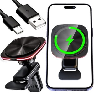 Uchwyt samochodowy na kratkę z ładowarką Mag Safe 15w do iPhone LED PD QC 3.0 do kratki wentylacyjnej auta Alogy czarny