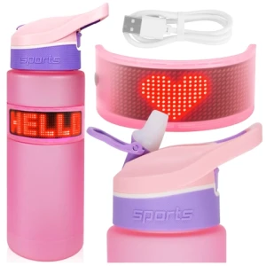 Butelka Bidon na Napoje LED, Inteligentna z Wyświetlaczem i Łącznością Bluetooth, Słomka, Motywacyjna, Wielokrotnego Użytku, Alogy FitBottle™ 800ml - Różowa