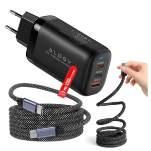 Kabel Zasilający USB-C do USB-C 65W 1m, Szybkie Ładowanie PD, Magnetyczny, Trwały i Elastyczny Przewód Alogy MagiCharge™ - Czarny + Ładowarka Sieciowa 3w1 65W