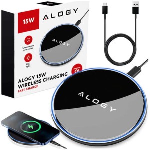 Ładowarka indukcyjna Ultra-Slim Qi 15W - bezprzewodowa, szybkie ładowanie z podświetleniem LED, okrągła do iPhone Samsung, w zestawie kabel USB-C - Alogy SlimCharge™ Czarna