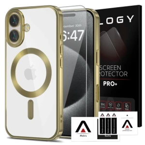 Etui Case MagSafe Case do iPhone 16 Plus Glamour Luxury obudowa Slim Ring Alogy złote przezroczyste + szkło hartowane