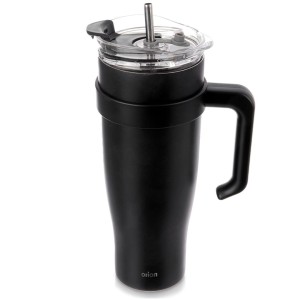 STALOWY KUBEK TERMICZNY TERMOS 1200ml Z RĄCZKĄ I SŁOMKĄ ORION 112284 CZARNY
