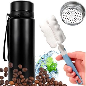 Termos butelka bidon termiczny 1l do kawy herbaty yerba mate z zaparzaczem sitko duży Alogy stal czarny + Szczotka do mycia