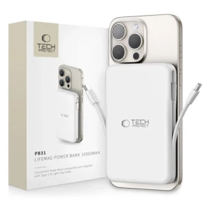 Powerbank magnetyczny z przewodem PB31 Lifemag Magsafe Power Bank 10000 mAh (Typ C + Lightning) Biały