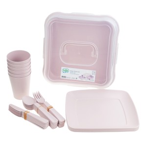 HOB031289 ZESTAW PIKNIKOWY 32 ELELEMENTY KUBKI SZTUĆCE POJEMNIK TALERZE PLASTIKOWE