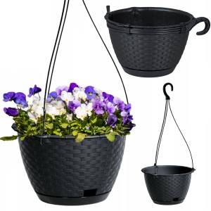 DSPW230-S433 DONICZKA DONICA WISZĄCA O 23 cm Rattanowa ANTRACYT OKRĄGŁA Z HAKIEM 3L